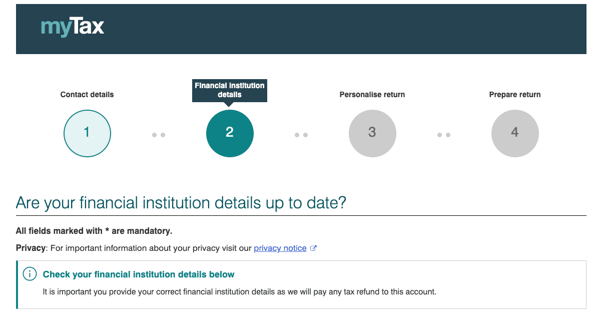 Financial Institution Details on mytax